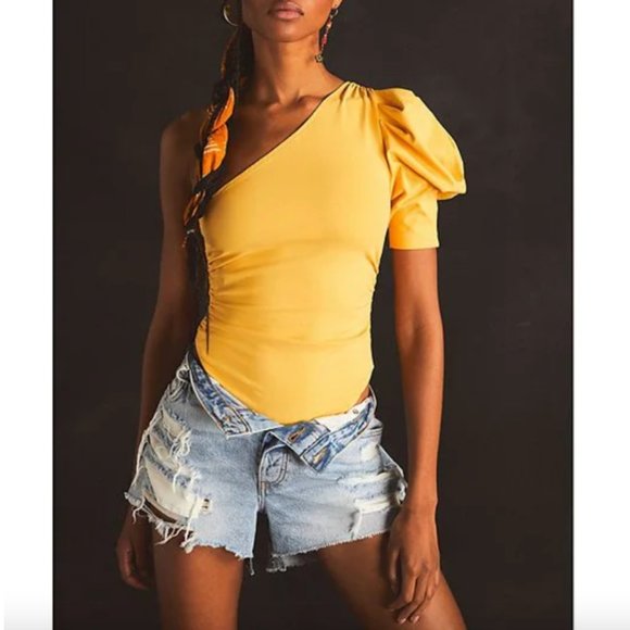 NWT Free People Somethin' Bout You One Shoulder Short Puff Sleeve Bodysuit sz XL - Picture 1 of 12